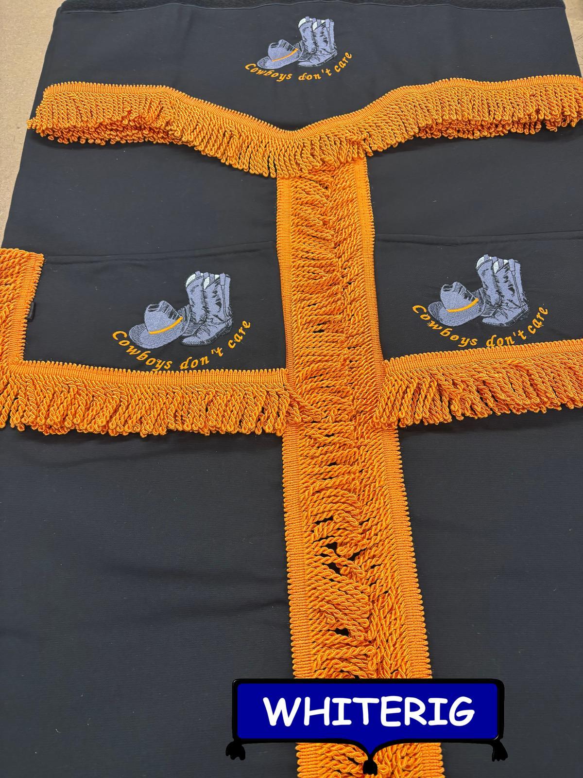 Plain Black Truck curtains with Orange bullion trim Whiterig Truck Curtains